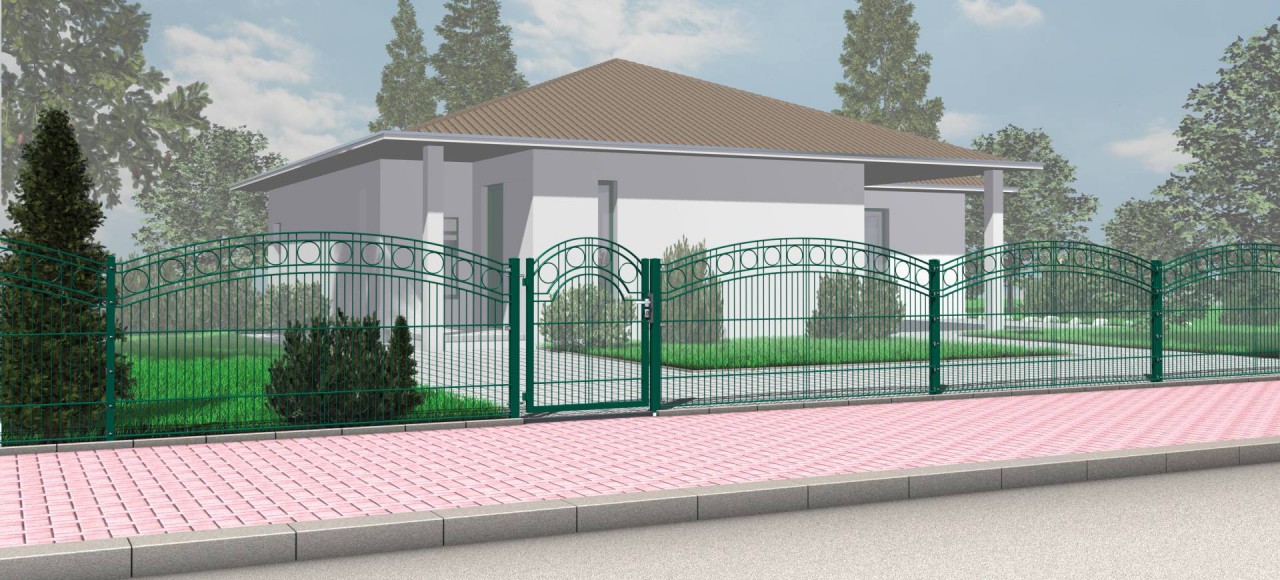 Clôture en nattes décoratives avec arc supérieur et ornement cercle, largeur de la natte = 246,4 cm