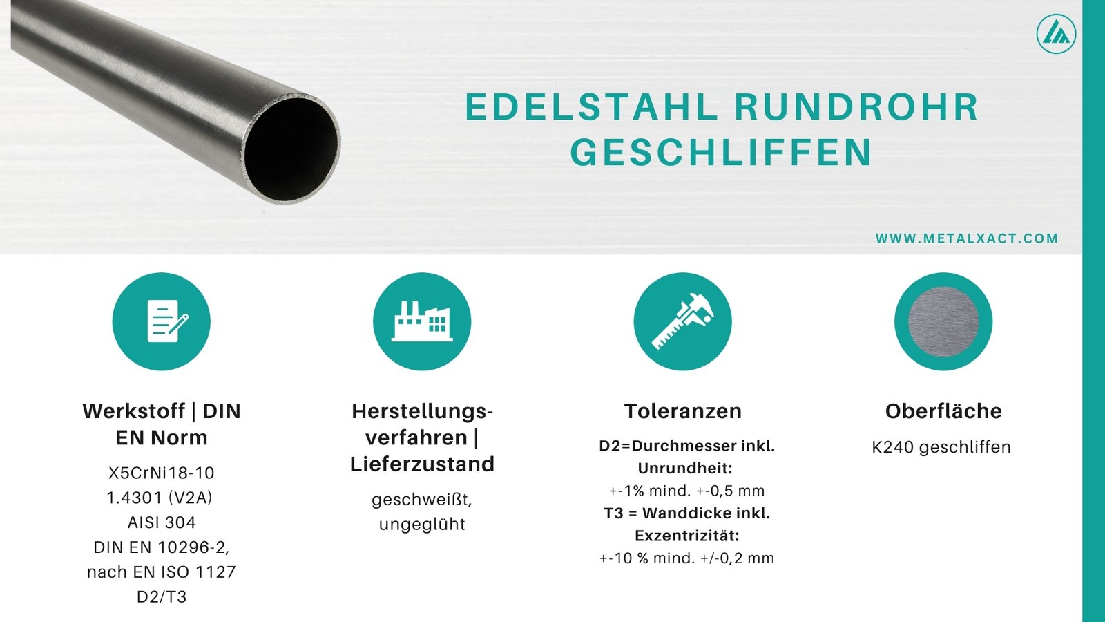 Edelstahl Rundrohr (geschliffen) 16 x 2 mm V2A (1.4301) | 990 mm