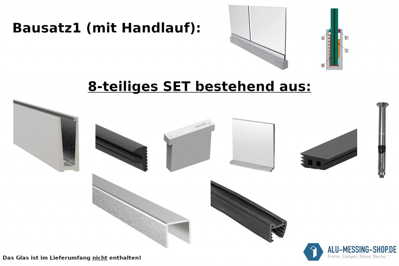 Perfil de barandilla de aluminio todo vidrio SET con pasamanos de acero inoxidable V2A Barandilla de vidrio Barandilla de balcón Galería de vidrio Ganzglasprofil Bausatz 1 mit U-Profil als Handlauf