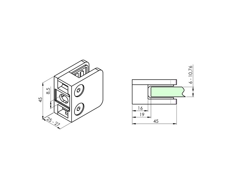 Square Stainless Steel Glass Clamp  Flat / Straight  WITHOUT Safety Plate V4A Stainless Steel