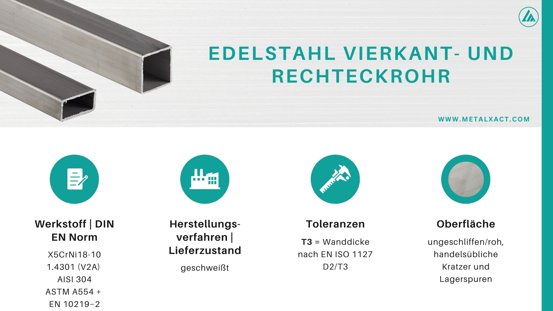 Edelstahl Rechteckrohr (ungeschliffen) 60 x 40 x 2 mm