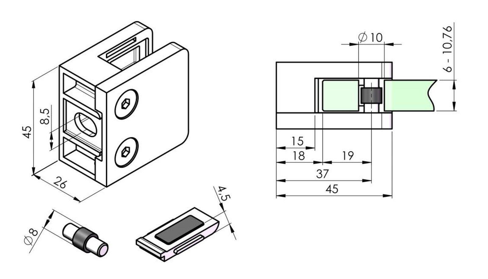 Edelstahl Glashalter mit Platte Flach (45 x 45 mm) Gummi 6 mm