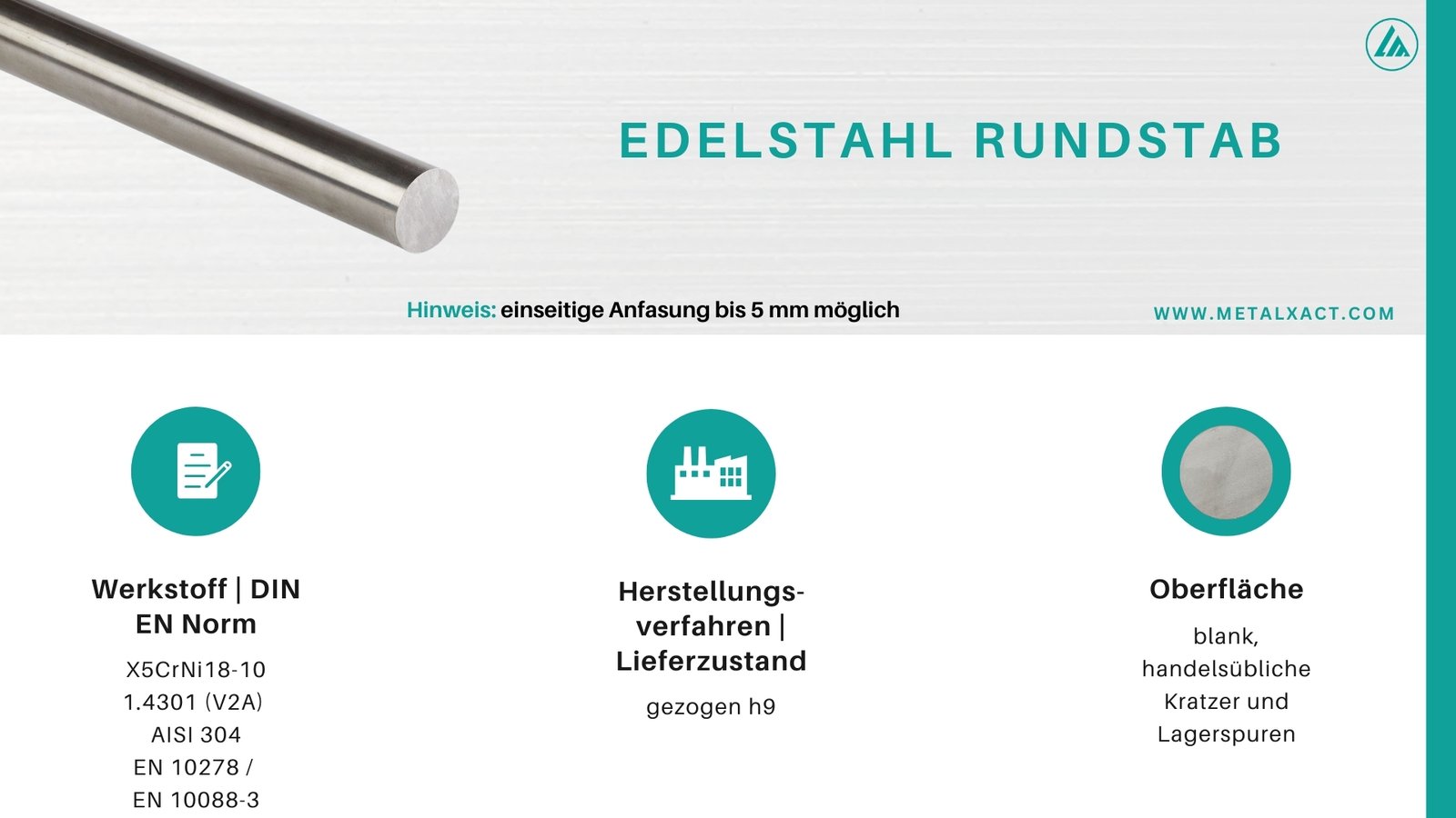 LMR-16086-018-515-3 Edelstahl Stab "BLANK" 35 mm V2A (1.4305) (˜ AISI 303) geschliffen | 515 mm