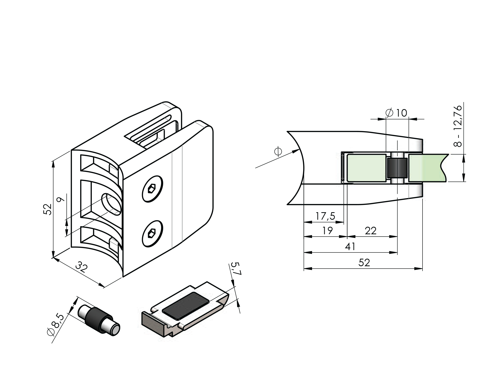Square Stainless Steel Glass Clamp    WITH Safety Plate V2A Stainless Steel