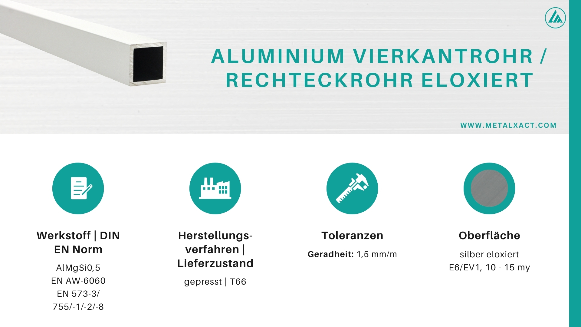 Alu-Vierkantrohre "ELOXIERT" 20 x 20 x 2 mm AlMgSi0.5
