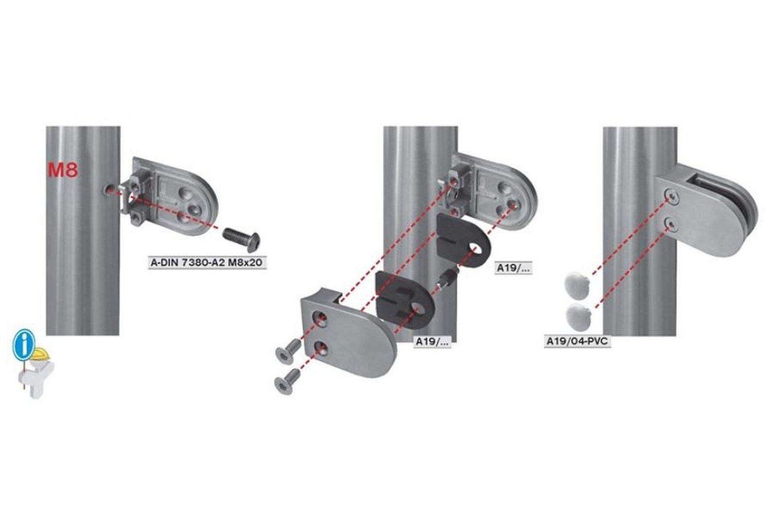 Edelstahl Glashalter mit Platte Flach (45 x 45 mm) Gummi 6,76 mm