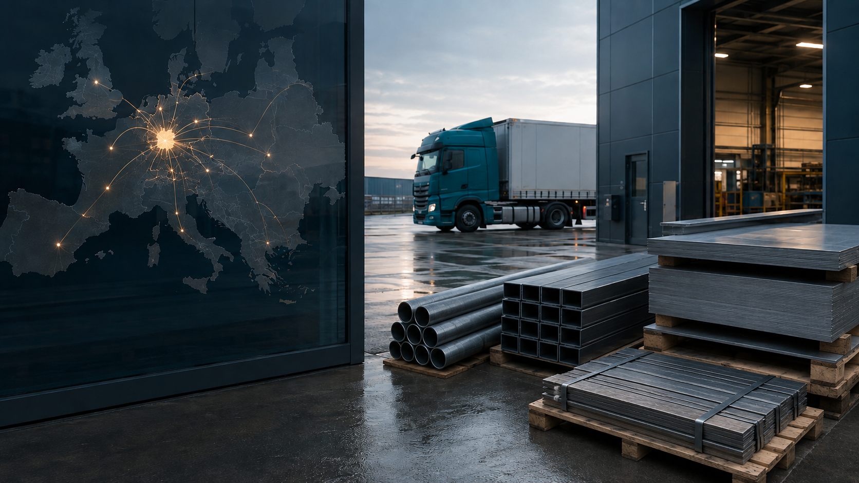 Illustrazione del commercio internazionale di metalli dalla Germania verso l’UE e altri Paesi europei, con profili metallici, lamiere e rotte logistiche.