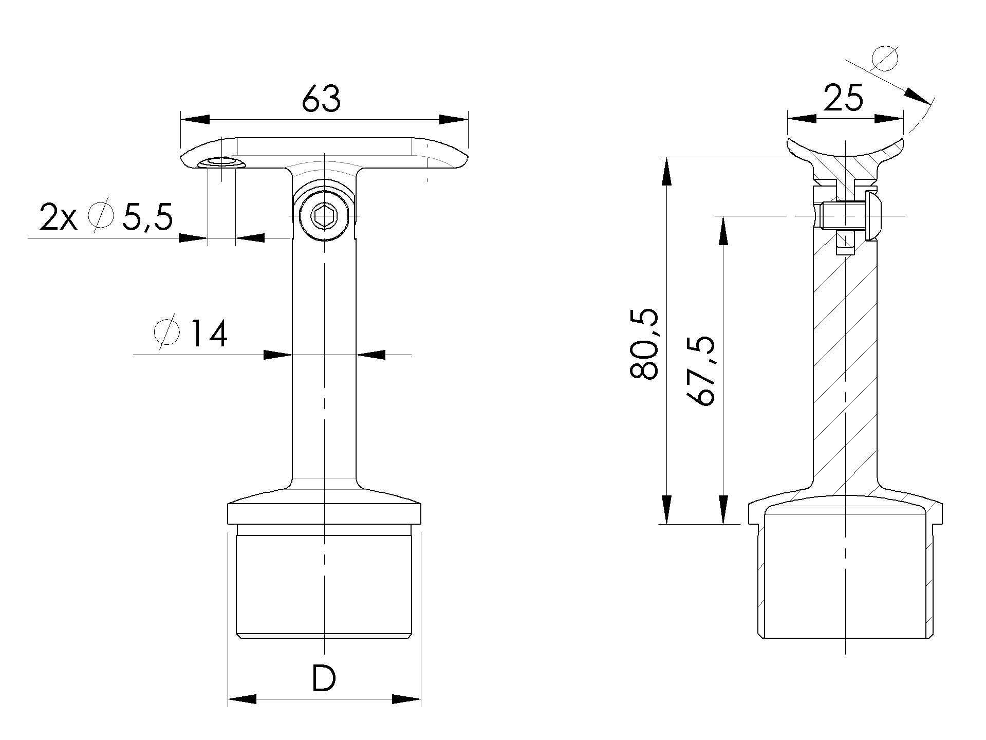 Soporte de pasamanos - soporte con articulación + tapa final para tubo Ø 42,4 mm