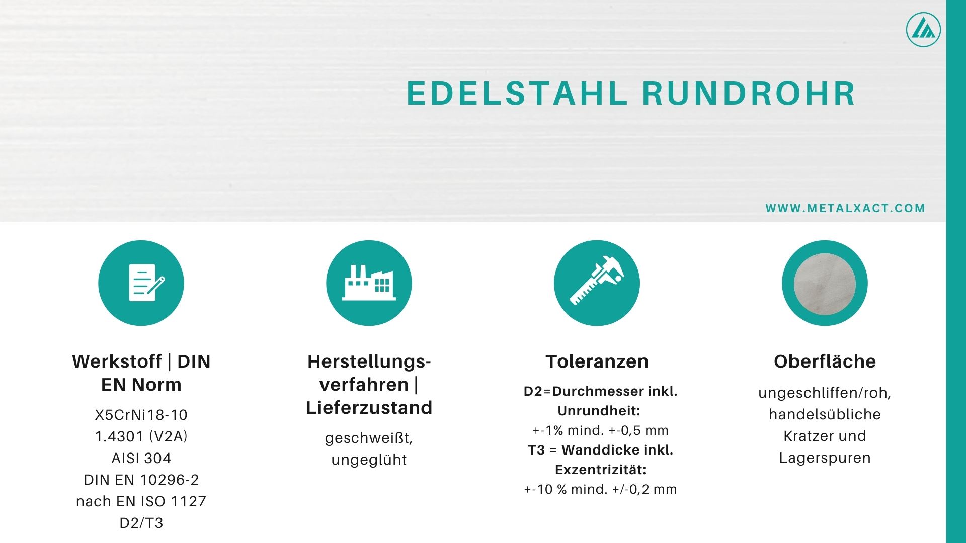 Tubo tondo in acciaio inox (non lucidato) 50 x 1 mm V2A (1.4301) Tubo tondo in acciaio inox (non lucidato) 50 x 1 mm V2A (1.4301)