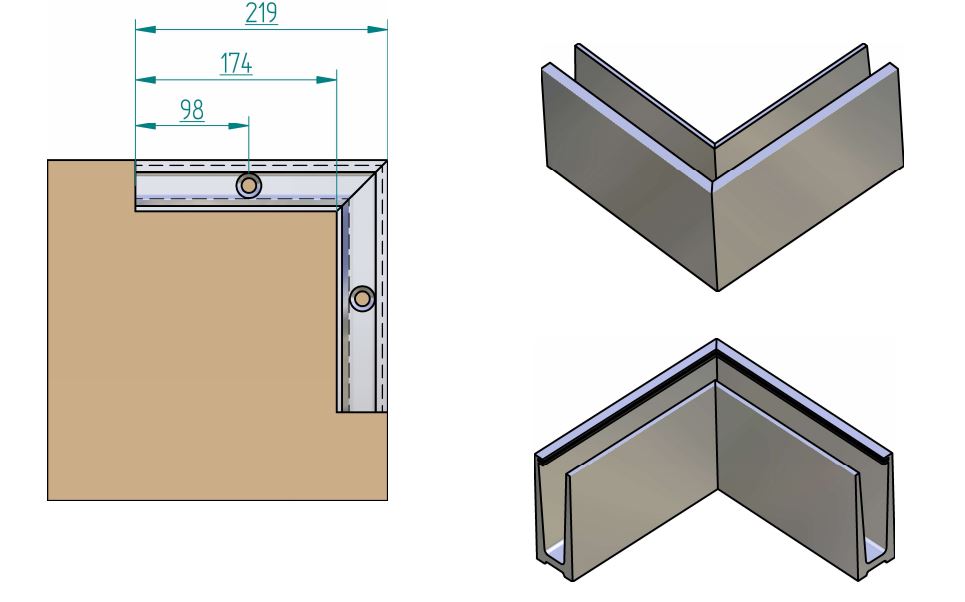 Zubehör für Ganzglasgeländer Profil - Ecke 90° AUßENSEITE für Bausatz 1