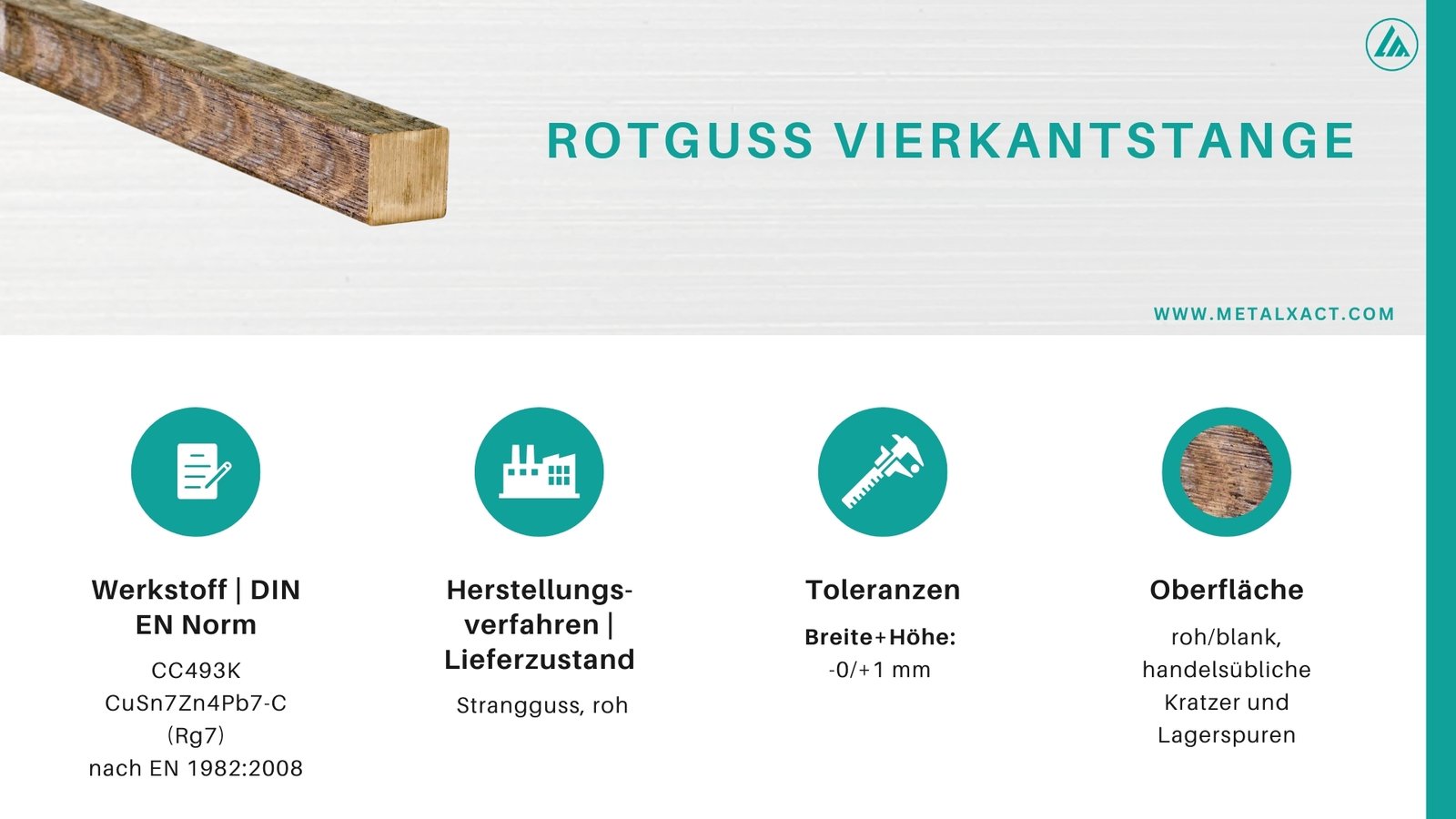 Rotguss Vierkantstangen 32 x 32 mm CuSn7Zn4Pb7-GC | 256 mm