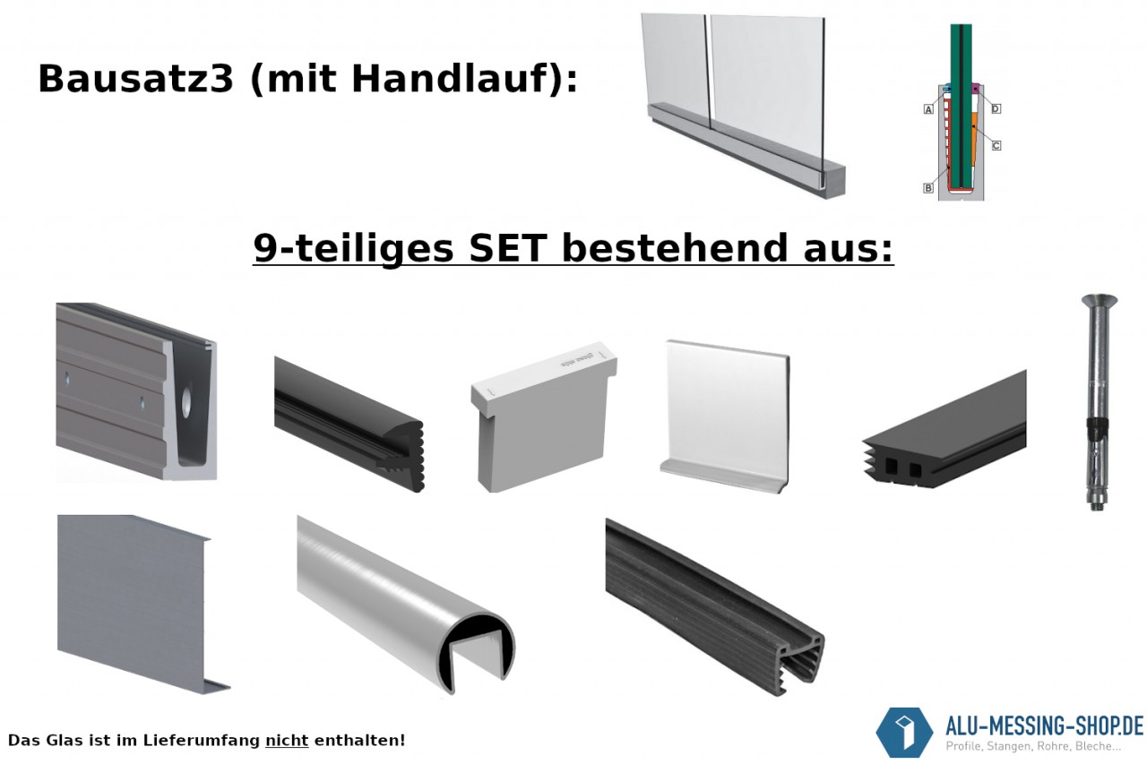 Alu Ganzglasgeländer Profil SET mit Edelstahl V2A Handlauf Glasgeländer Balkongeländer Glas Galerie - Bausatz3: Seitliche Bodenmontage mit Abdeckleiste für Glasstärke 12 mm Edelstahl Rund Ø 42,4 x 1,5 mm 2.500 mm