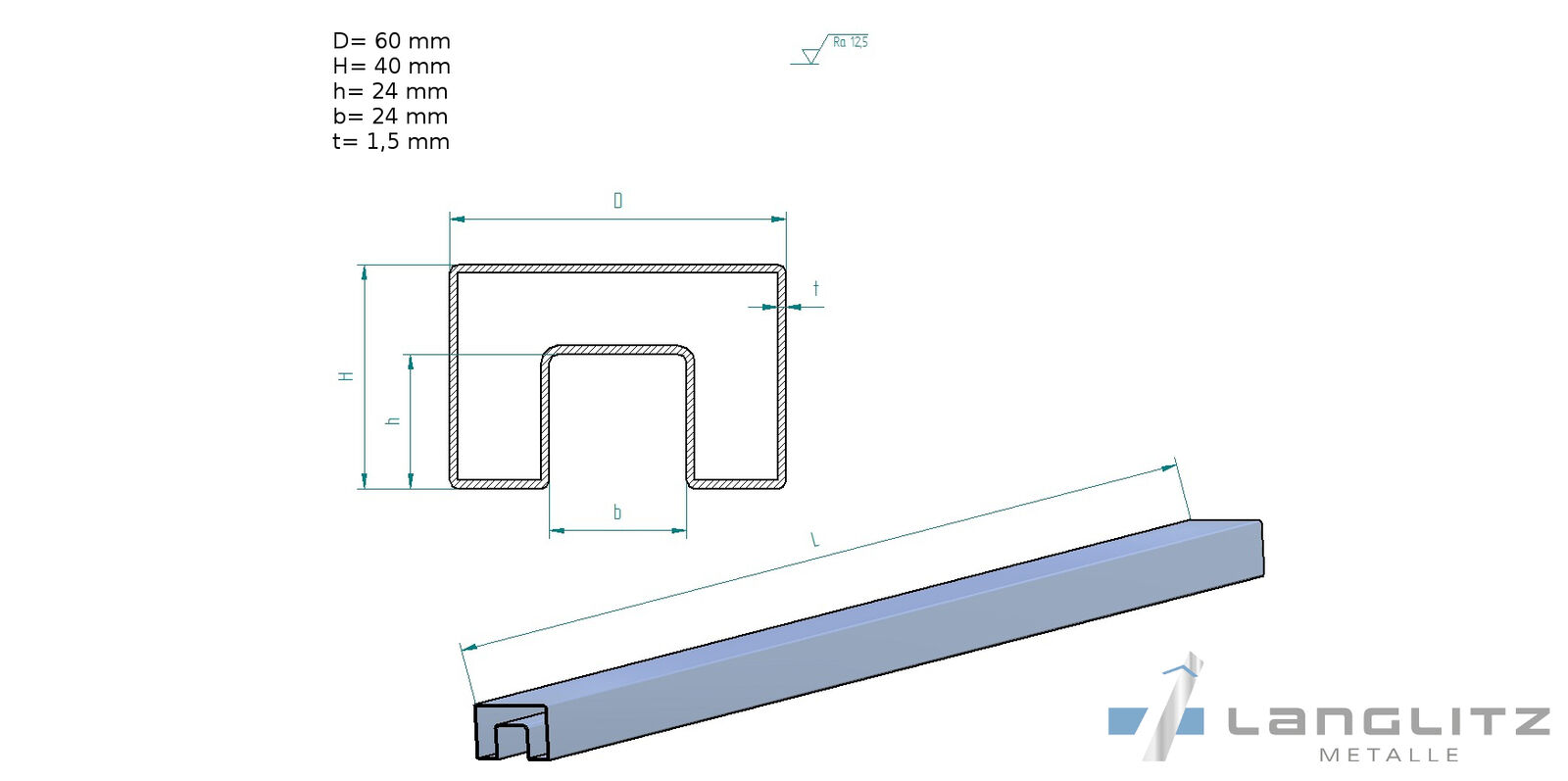 Edelstahl Rechteck 60 x 40 x 1,5 mm [ohne Gummi]