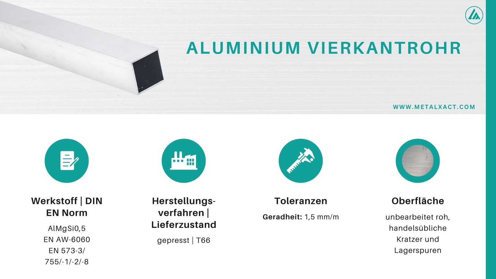 Alu-Vierkantrohre "BLANK" 100 x 100 x 3 mm AlMgSi0.5 (AlSiMg) | 900 mm