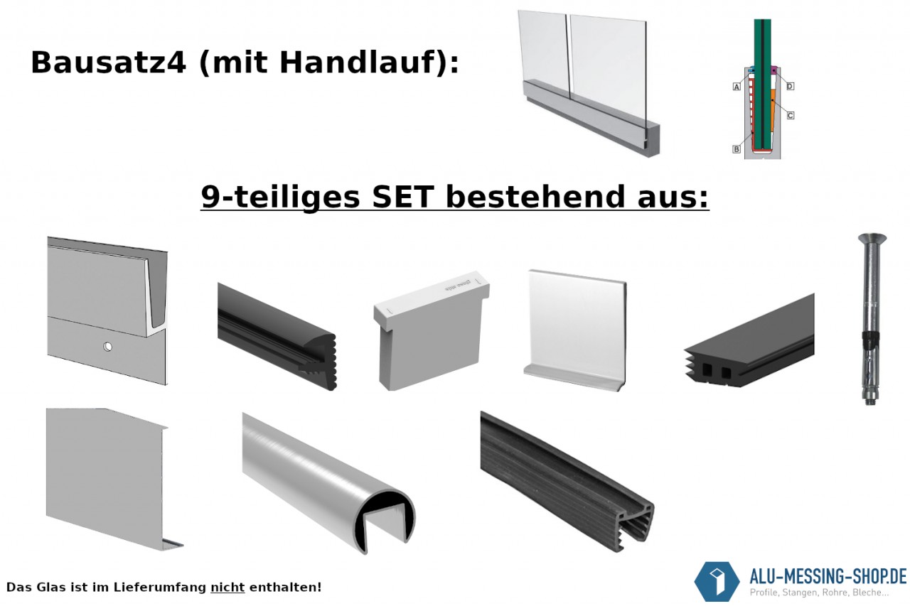 Alu Ganzglasgeländer Profil SET mit Edelstahl V2A Handlauf Glasgeländer Balkongeländer Glas Galerie - Bausatz4: Seitliche Bodenmontage für erhöhte Profiloberkante mit Abdeckleiste für Glasstärke 12,76 mm Edelstahl Rund Ø 42,4 x 1,5 mm 2.500 mm Alu Ganzglasgeländer Profil SET mit Edelstahl V2A Handlauf Glasgeländer Balkongeländer Glas Galerie - Bausatz4: Seitliche Bodenmontage für erhöhte Profiloberkante mit Abdeckleiste für Glasstärke 12,76 mm Edelstahl Rund Ø 42,4 x 1,5 mm 2.500 mm