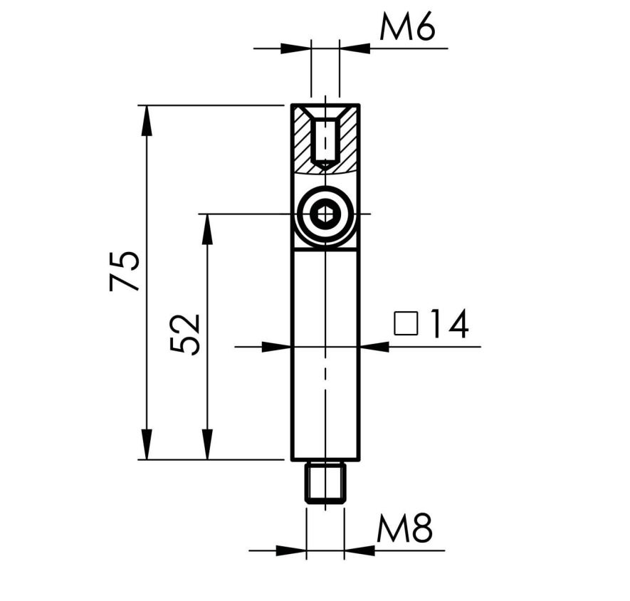 Handrail bracket - pin VK14 + joint + M6 internal thread | L=75 mm-M8