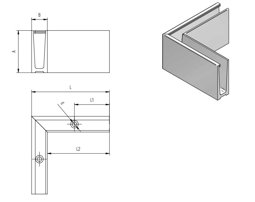 Zubehör für Ganzglasgeländer Profil - Ecke 90° AUßENSEITE für Bausatz 1