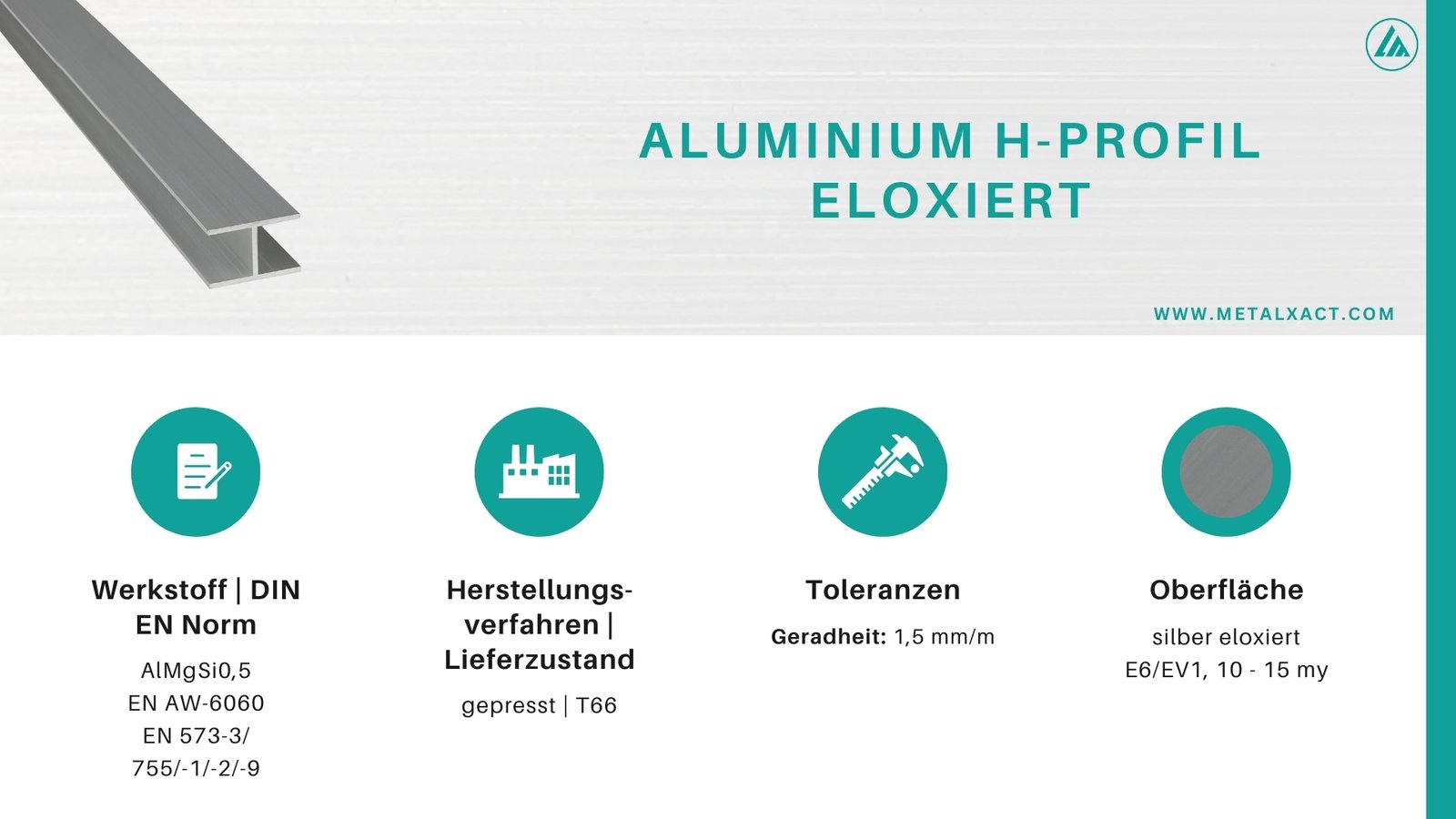 Alu H- Profil "ELOXIERT" 19,25 x 7 x 1,25 mm (Innen 4,5 mm) AlMgSi0.5 (AlSiMg) | 994 mm