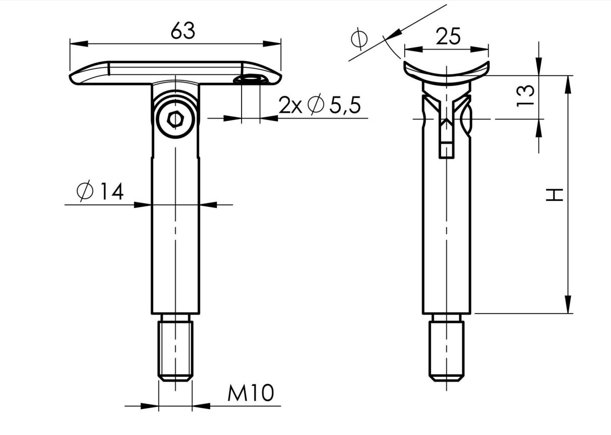 Handlaufhalter - Stift Ø14 mm + Gelenk + Trägerpl. flach | L=75 mm-M10