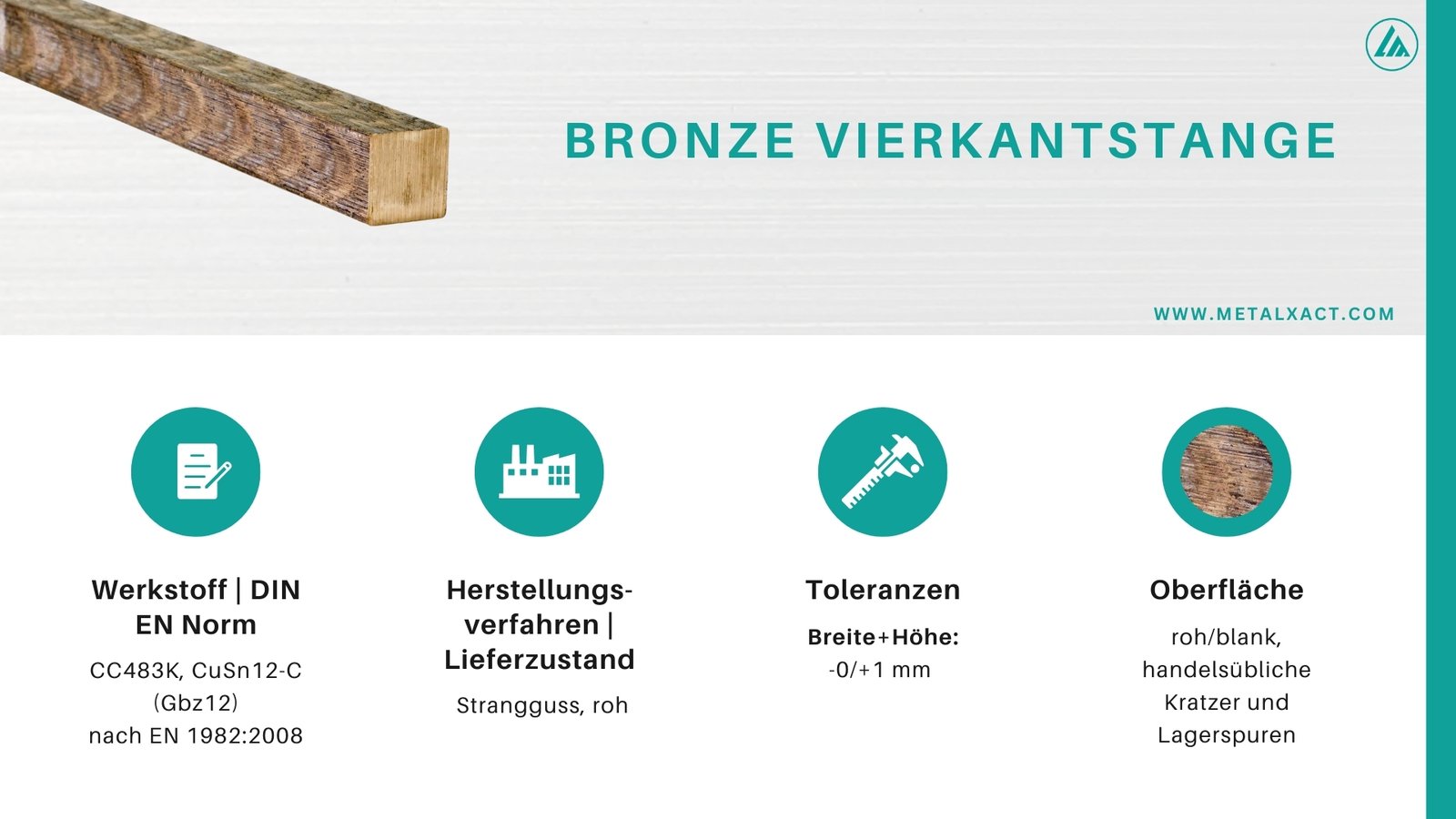 Bronze Vierkantstangen 42 x 42 mm CuSn12-C | 275 mm