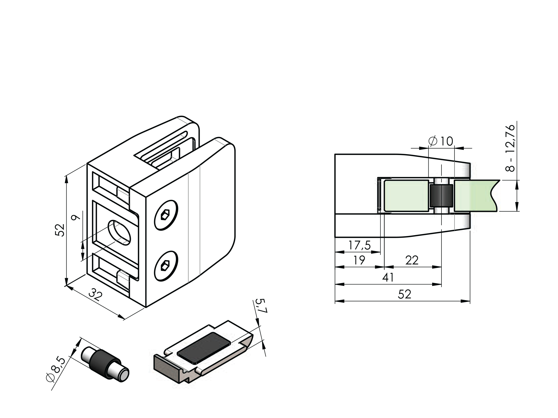 Square Stainless Steel Glass Clamp    WITH Safety Plate V4A Stainless Steel
