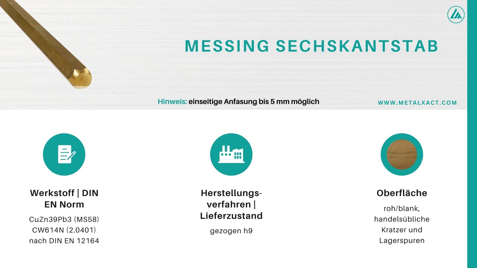 Messing Sechskantstangen 9 mm CuZn39Pb3 (Ms58) | 490 mm