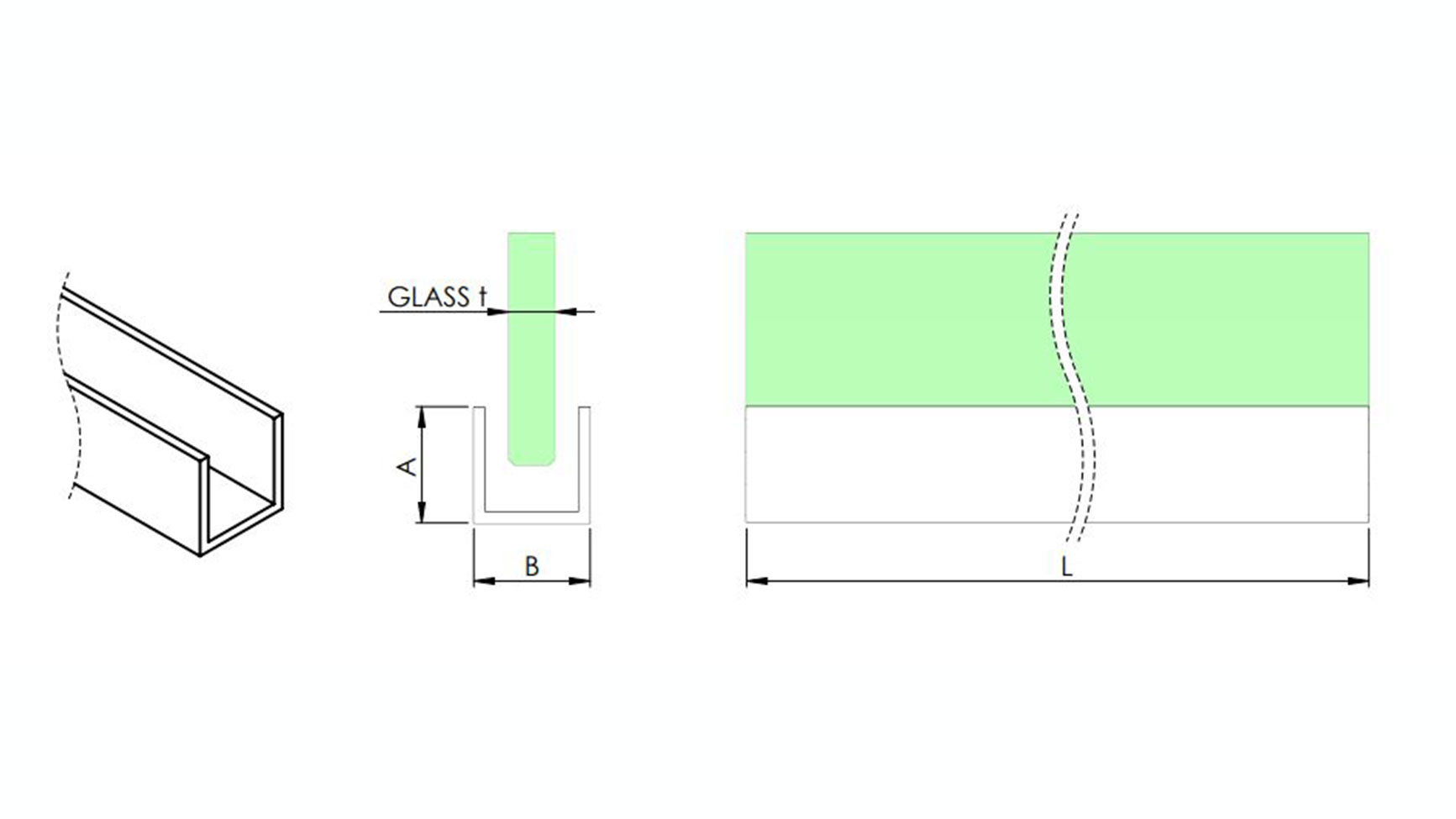 Aluminium U-shaped shower profile 15 x 10 x 2 mm for glass 6 mm
