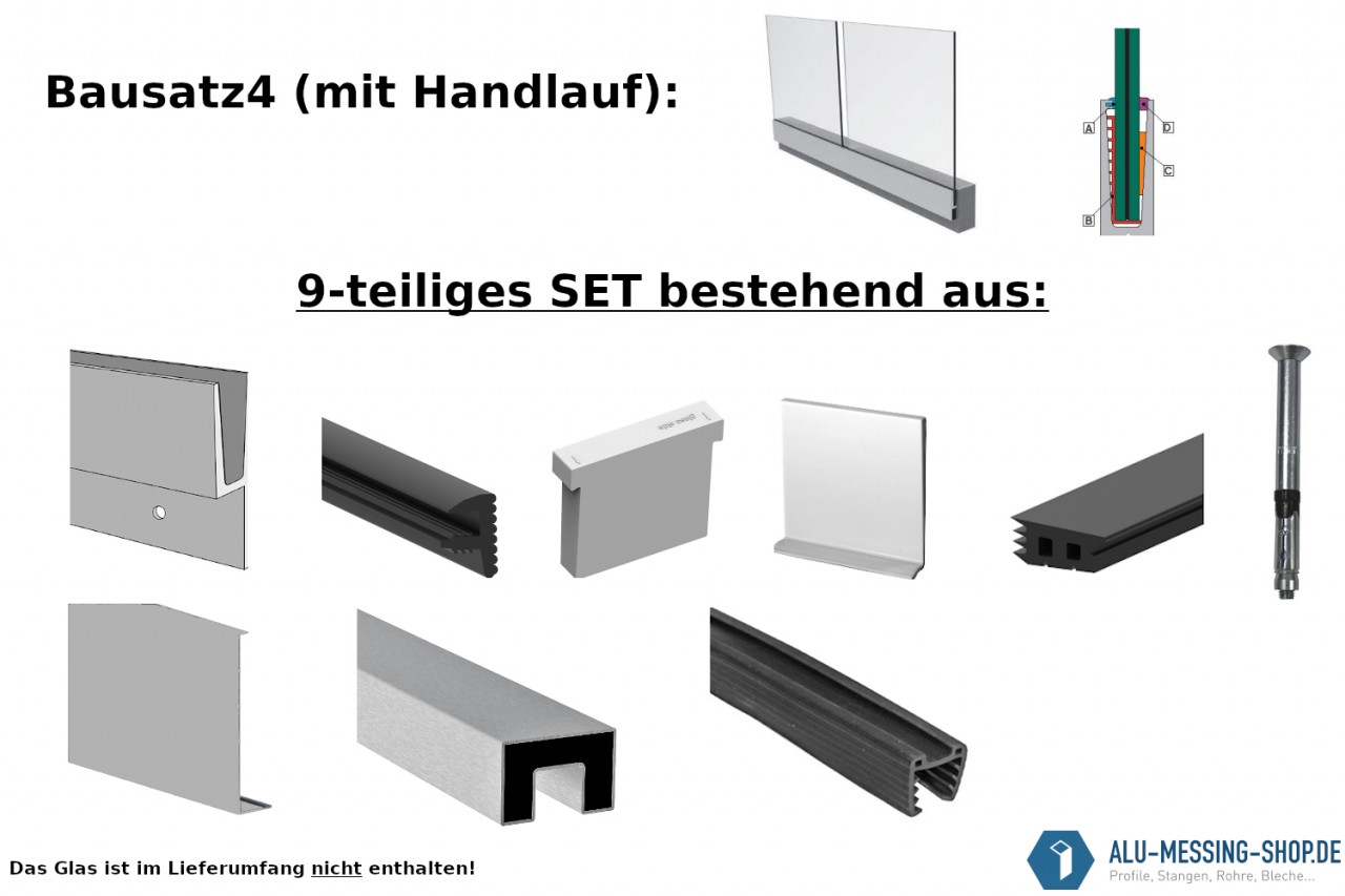 Alu Ganzglasgeländer Profil SET mit Edelstahl V2A Handlauf Glasgeländer Balkongeländer Glas Galerie - Bausatz4: Seitliche Bodenmontage für erhöhte Profiloberkante mit Abdeckleiste für Glasstärke 12 mm Edelstahl Rechteck 60 x 40 x 1,5 mm 2.500 mm