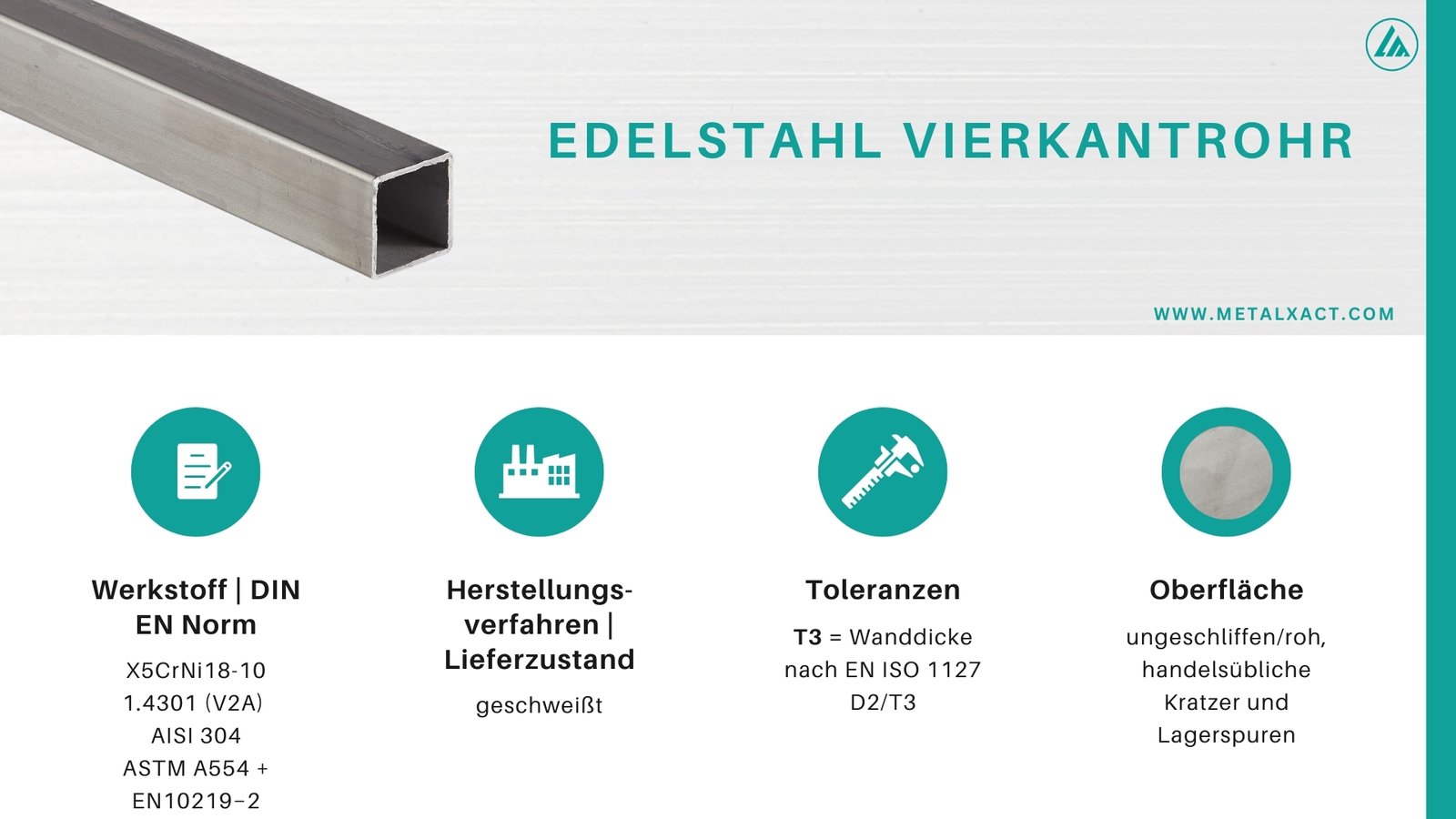 Edelstahl Vierkantrohr (ungeschliffen) 40 x 40 x 2 mm V2A (1.4301) | 990 mm